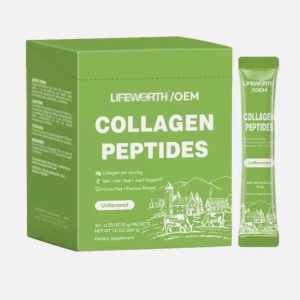 Green unflavoured collagen peptide sachet and 20-sachet box; packaging reference