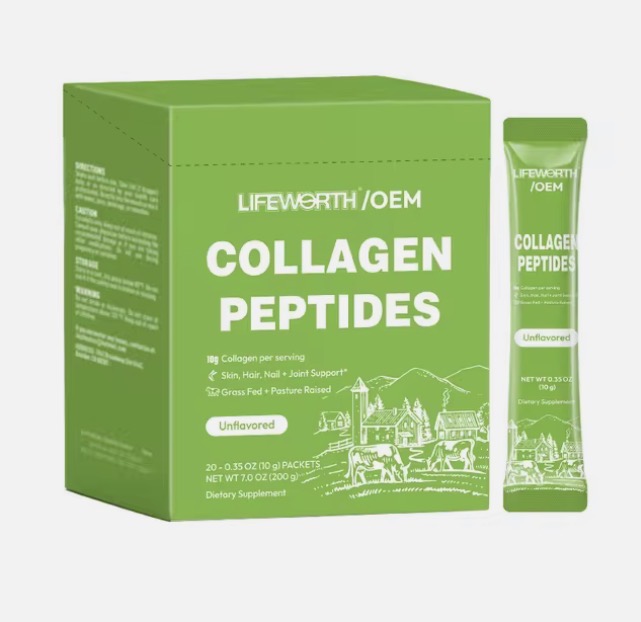 Green unflavoured collagen peptide sachet and 20-sachet box; packaging reference