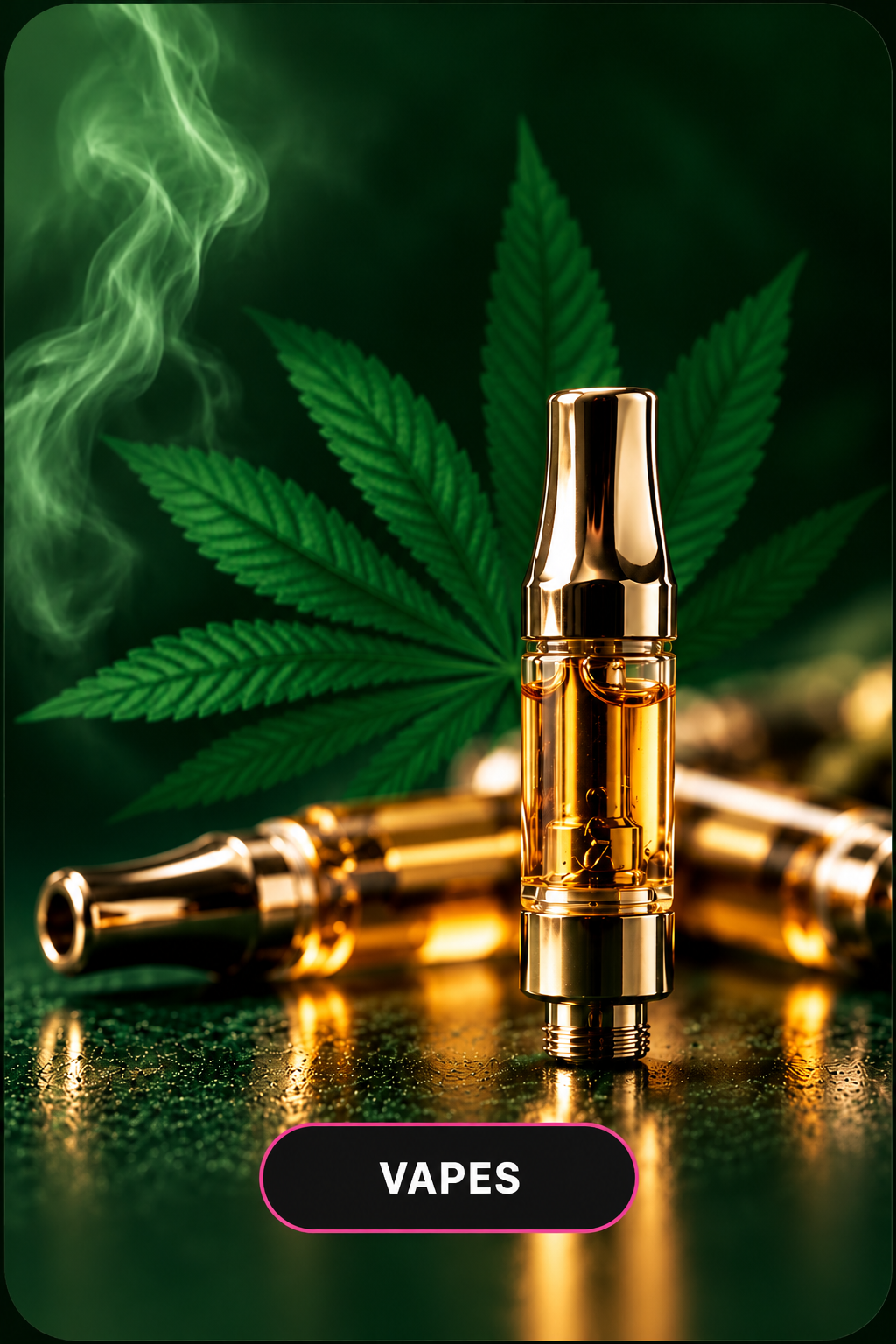 Gold vape cartridge on forest green background